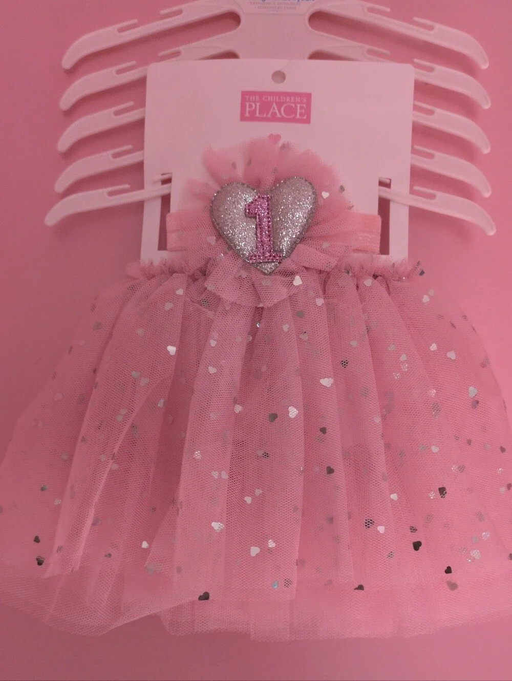 Baby Girl Pink 1st Birthday Tutu Set Silver Glitter/Metallic Foil Heart Applique